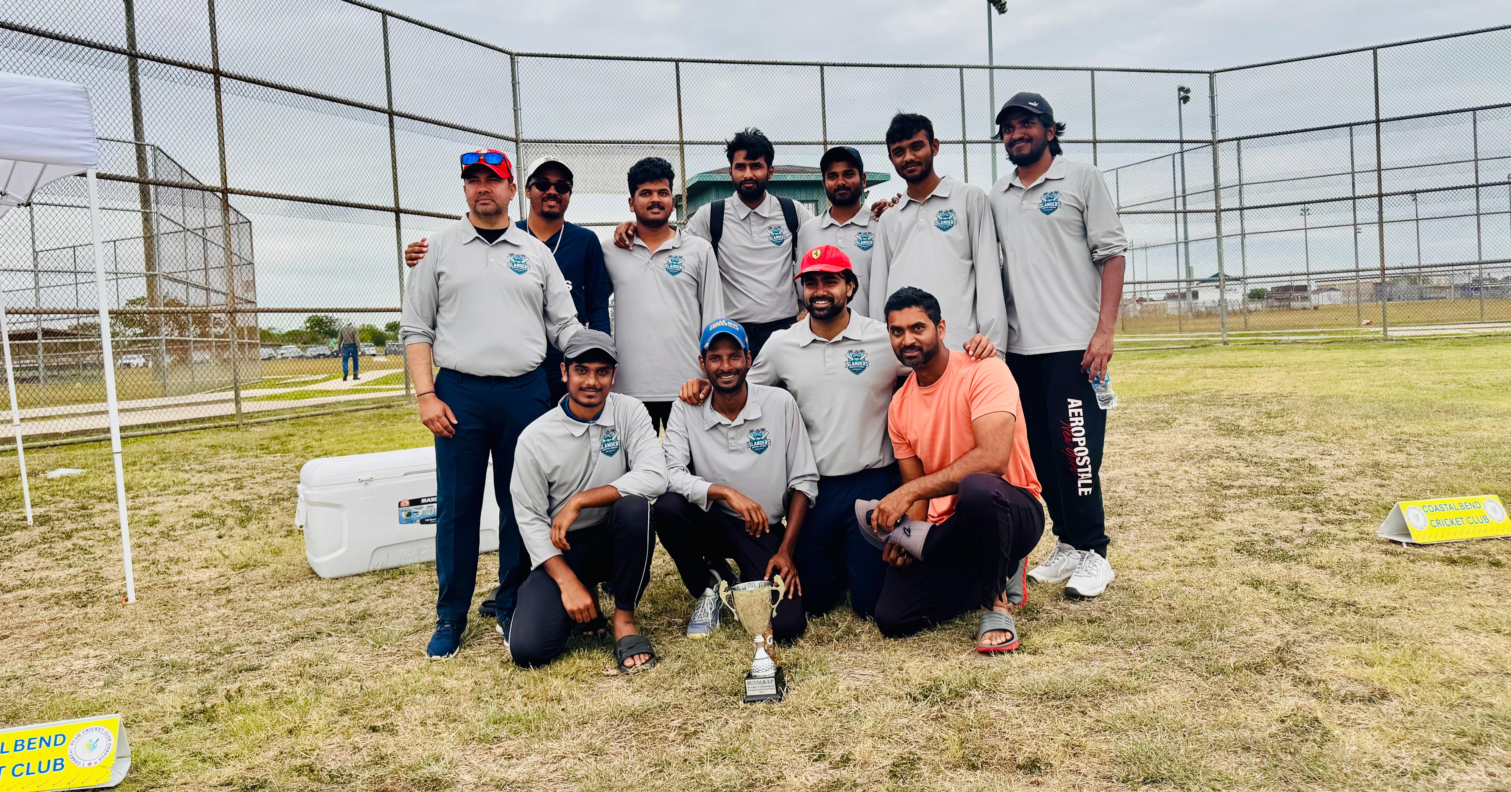 Islanders CCPL 2025 squad with Dr. Vishnu Reddy holding the runner-up trophy